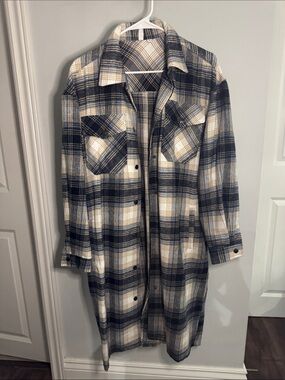 Long Plaid Shacket Coat - Navy, Cream & Tan